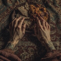 Tattooed hands eating traditional food from plate