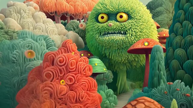 Colorful Cute 3D Cartoon Monster Character Puppet in Nature with Fun Elements