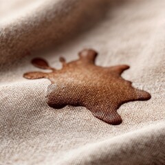 Coffee stain on beige fabric in closeup view