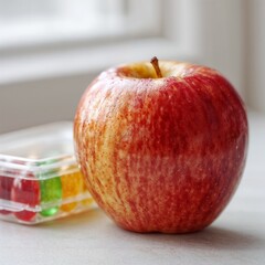 Red apple and gummy vitamins on white table by window
