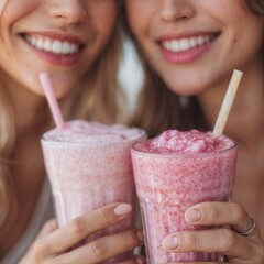 Two smiling women holding pink smoothies closeup