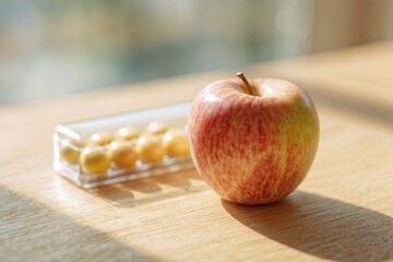 Apple and pill blister pack on wooden table in sunlight