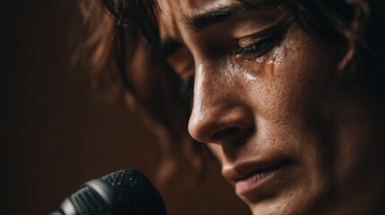Woman crying while speaking into microphone