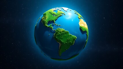 Fototapeta premium Abstract globe illustration with lush vegetation, floating in a starry cosmic background.