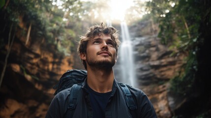 Young man gazing at waterfall in lush jungle setting