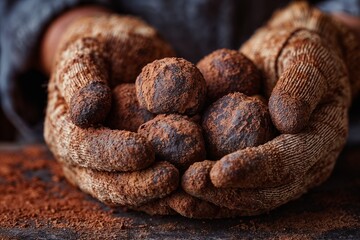Gloved hands holding cocoa-dusted chocolate truffles