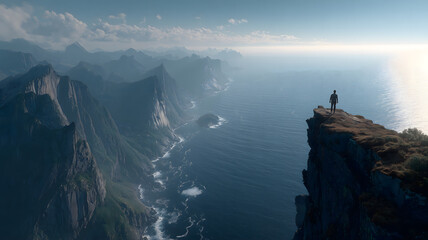 Person Silhouetted on a High Point Overlooking a Vast Ocean and Mountain Range