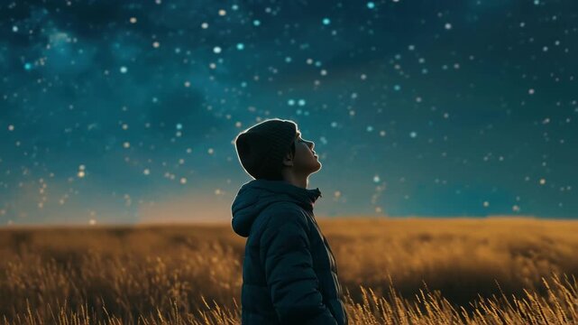 A young man in a puffer jacket stands under a vast starry sky in a golden field, gently lifts his head to stargaze, then closes his eyes in peaceful stillness, symbolizing self-discovery and emotional