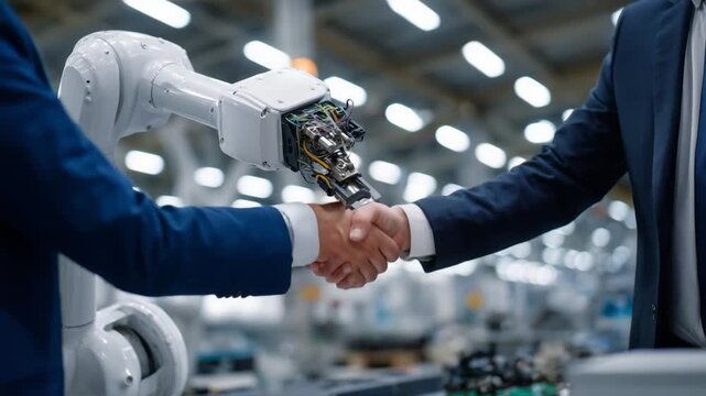 A collaborative robot arm assists a human technician on a well-lit factory floor, showcasing seamless teamwork and advanced industrial automation.
