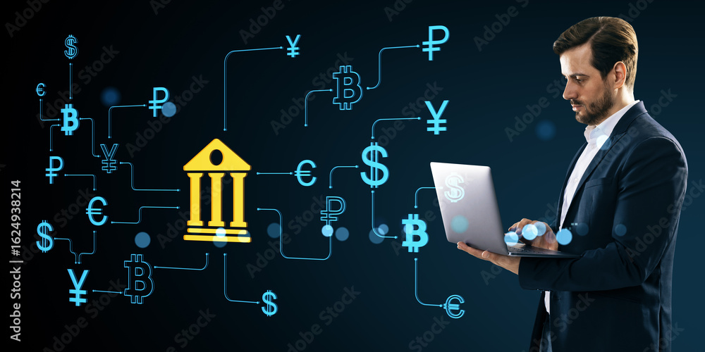 Poster businessman using laptop with digital financial banking icons and currency symbols surrounding virtu