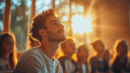 Young man gazing thoughtfully during a sunset gathering