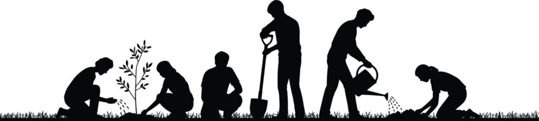 Silhouette of people planting trees, gardening teamwork, nature conservation, community effort, sustainable living, outdoor activities, environmental project, teamwork in nature