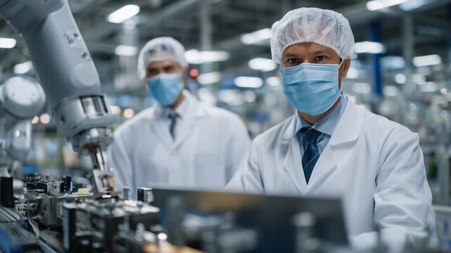 Advanced collaborative robots execute precision tasks in a sterile pharmaceutical lab, ensuring safety alongside lab-coated professionals.