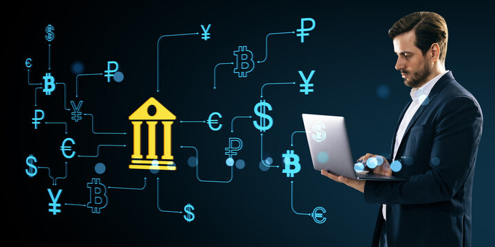 Businessman using laptop with digital financial banking icons and currency symbols surrounding virtual interface on dark background concept.. - Powered by Adobe