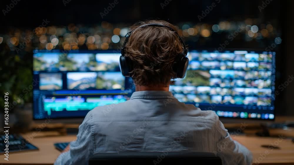 Poster a focused content creator edits video on a large desktop monitor in a dimly lit room, using headphon