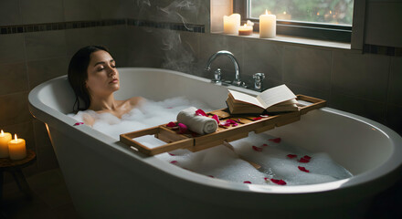 Woman bathtub bath bubbles relaxation candles bathroom selfcare spa wellness luxury soak calm serene