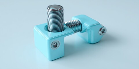 Cyan metal hinge with screw on a light blue surface, 3D rendering