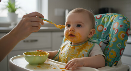 Baby food feeding eating toddler meal high chair spoon messy face nutrition development motherhood parent