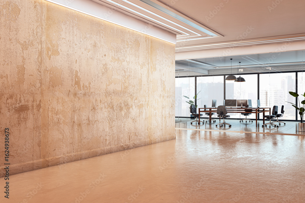 Aufkleber modern corridor with textured wall and view of glass-walled office meeting room with chairs and comp