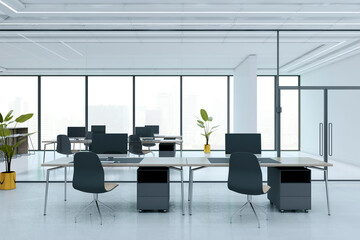 Modern bright corporate office interior with minimalist design, black chairs, glass walls, and city view through large windows. 3D Rendering