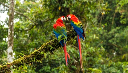 Two Scarlet Macaws on a Moss-Covered Branch in a Lush Rainforest