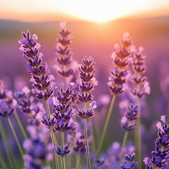 Obraz premium Lavender flowers basking in warm glow of sunset create serene and calming atmosphere. vibrant purple hues contrast beautifully with soft, golden light