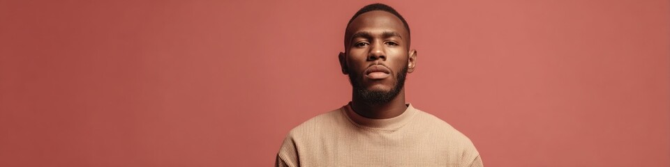 Obraz premium Serious African man with beard wearing sweater on a red background