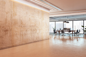 Modern corridor with textured wall and view of glass-walled office meeting room with chairs and computers in a bright workspace interior setup. 3D Rendering
