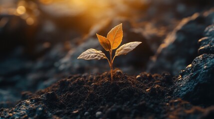 Young plant emerging from soil at sunset, symbolizing growth