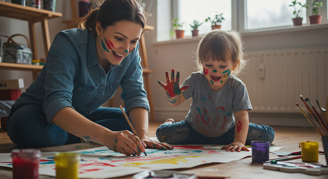 Mother child painting art together family fun creative activity colors learning drawing happiness bonding happy - Powered by Adobe