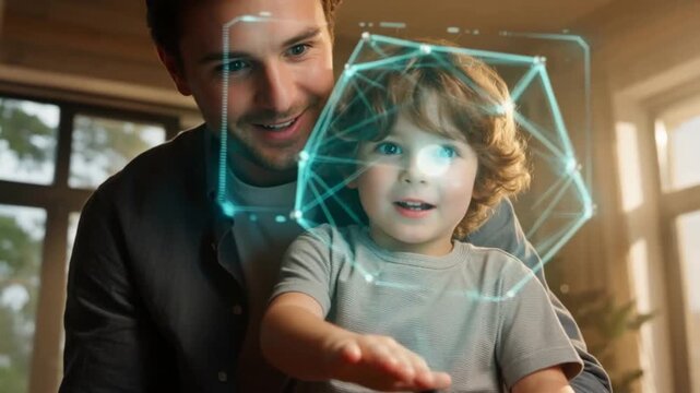 Father and Son Explore Interactive Tech: A heartwarming journey into the future of family bonding through innovative technology.