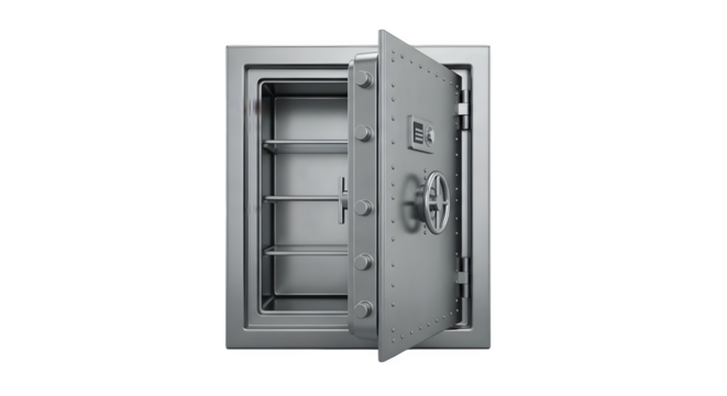 Open metal safe with shelves on a black background .ai generative, transparent background, white background. isolated on white background, png, jpeg, jpg.