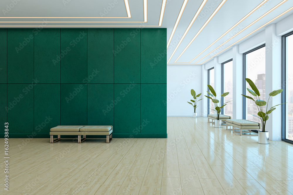 Poster modern empty hallway with green wall and benches in office building interior with large windows and 