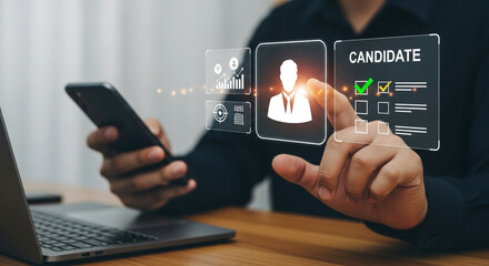 A businessman presses a virtual social network icon on a digital touchscreen