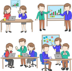 Cartoon office scenes with businesspeople in meetings, presentations, teamwork, and laptop work. Cute vector bundle, flat design, corporate communication and productivity concept
