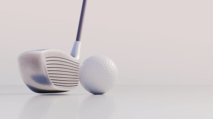 A close-up of a golf club hitting a ball for a hole-in-one on a white background. A metaphor for success, achieving goals, and hitting targets in business and life. Ultra HD 4K 3840x2160 3D animation - Powered by Adobe