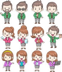An array of 12 cute, diverse cartoon office workers, both male and female, in various poses.