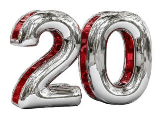 Celebrating 20 years of achievement a silver balloon display in a festive party isolated on transparent background