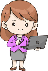 Cute cartoon businesswoman holding a laptop, wearing a pink blazer and gray skirt. Confident office lady in kawaii style, full body character, smiling and ready to work