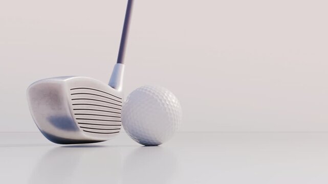 A close-up of a golf club hitting a ball for a hole-in-one on a white background. A metaphor for success, achieving goals, and hitting targets in business and life. Ultra HD 4K 3840x2160 3D animation