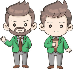 Two cute cartoon businessmen: one waving with a beard, the other holding a coffee cup