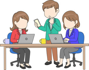 A business team collaborates at a desk: two women on laptops, one man consulting his phone.
