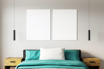 Two vertical blank posters above a modern bed in a contemporary bedroom with teal bedding, wooden nightstands, and pendant lights. 3D Rendering