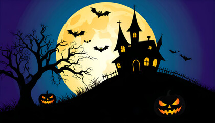 Spooky haunted house on a hill under full moon with flying bats and jack-o’-lanterns