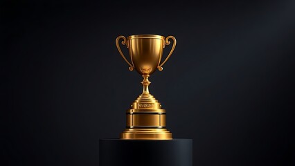 Golden trophy displayed elegantly on a pedestal against a dark backdrop.