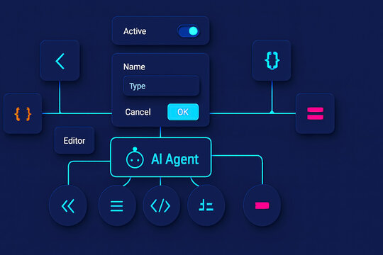 AI Agent Capabilities Interface – Visual System Design Featuring Editor Panel, Code Functions, Mathematical Icons, and Toggle-Controlled Agent Configuration