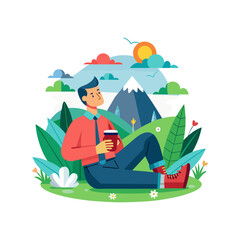 Confident Boss Enjoying Nature Break Outdoors – Relaxed Businesswoman Taking Peaceful Moment in Green Environment Office Escape Vector Illustration