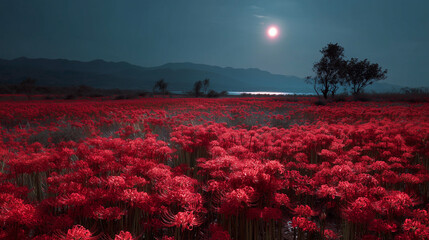 Red spider lilies blooming on a hill under a full moon at night　赤い彼岸花が咲く丘