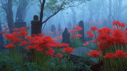 Eerie red spider lilies blooming in a misty graveyard　墓地に咲く彼岸花
