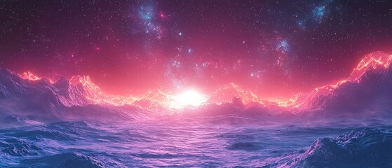 Fototapeta premium Alien Planet Sunrise: A Vibrant, otherworldly landscape bathed in the glow of a rising sun, mountains and frozen plains under a starry sky.
